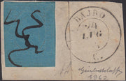 BA21_135 - 1853 - Bajro 24/7/54 su frammento con esemplare della II emissione c. 20 azzurro usato con tratti di penna (5, pti R3)
