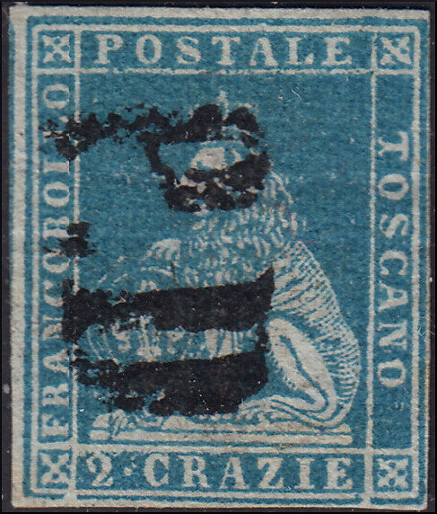 BA21-183 -  1851 Leone di Marzocco, 2 crazie azzurro chiaro su carta grigia e filigrana corona, usato (5)