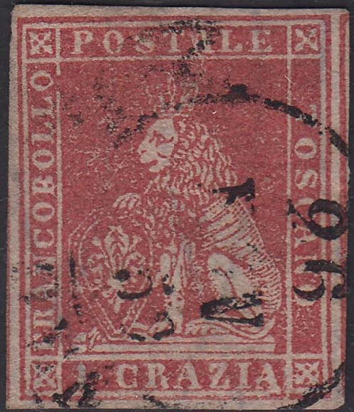 BA21_220 - 1857 - Toscana 1 crazia carminio su carta bianca e filigrana linee ondulate usato (12)
