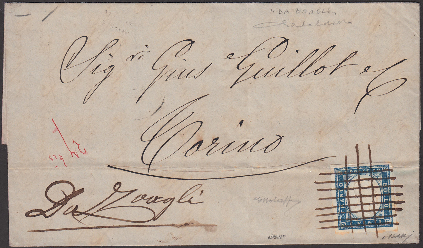 BA21-26 - 1862 - IV issue, c.20 light blue II plate on letter from Zoagli to Turin 8/4/62, single canceler with crossed pen strokes (15Da, points R1)
