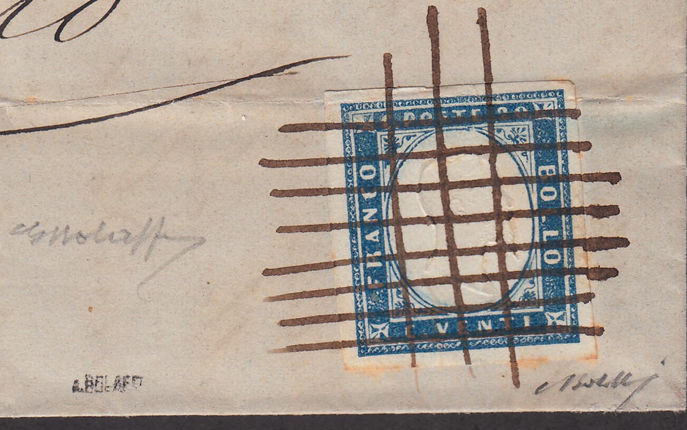 BA21-26 - 1862 - IV issue, c.20 light blue II plate on letter from Zoagli to Turin 8/4/62, single canceler with crossed pen strokes (15Da, points R1)