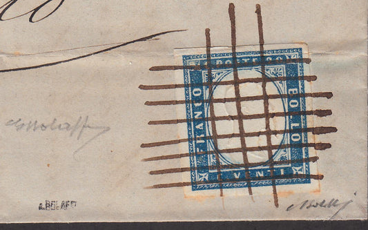 BA21-26 - 1862 - IV emissione, c.20 celeste II tavola su lettera da Zoagli per Torino 8/4/62, unico annullatore a tratti di penna incrociati (15Da, punti R1)