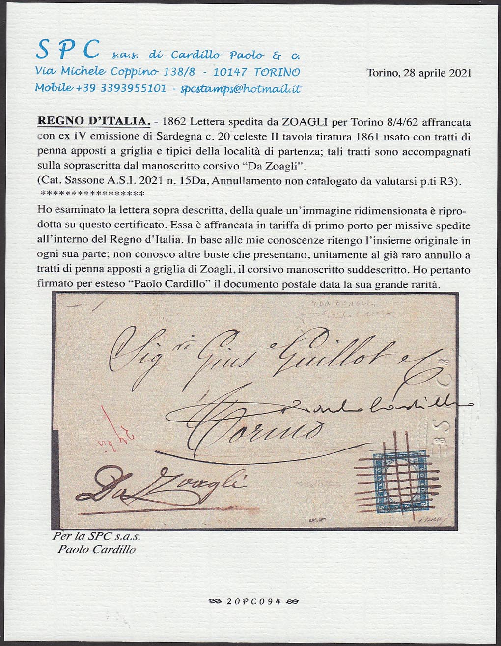 BA21-26 - 1862 - IV issue, c.20 light blue II plate on letter from Zoagli to Turin 8/4/62, single canceler with crossed pen strokes (15Da, points R1)