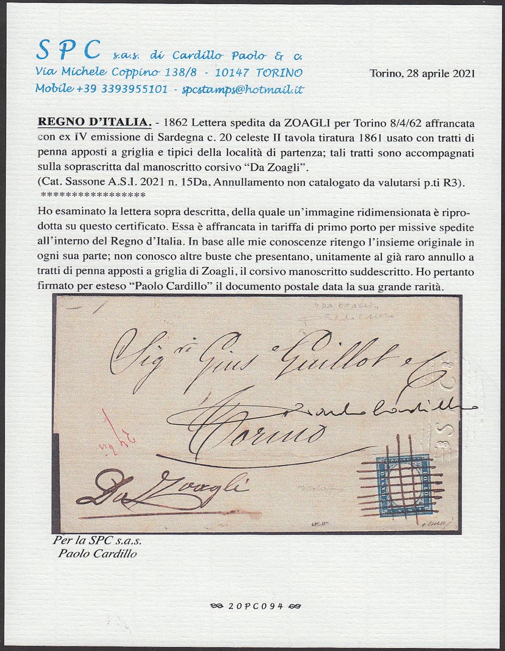 BA21-26 - 1862 - IV emissione, c.20 celeste II tavola su lettera da Zoagli per Torino 8/4/62, unico annullatore a tratti di penna incrociati (15Da, punti R1)