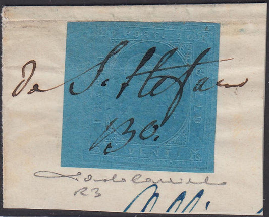 BA21-97 - 1853 - Sardinia II issue c. 20 light blue used with the graphic "Da S. Stefano Balbo" (5, points R3).