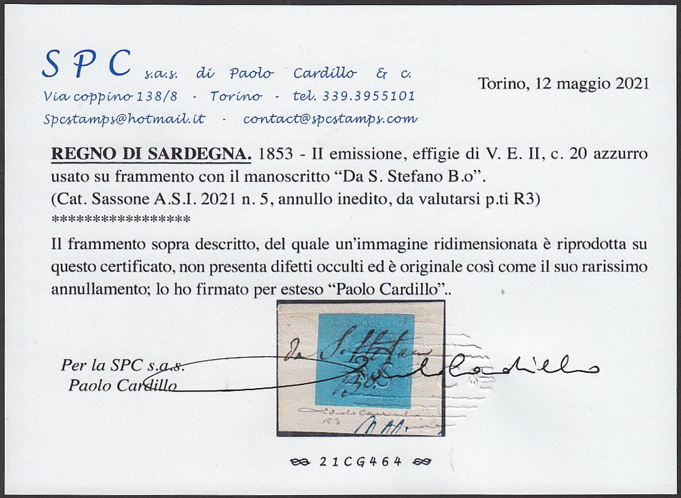 BA21-97 - 1853 - Sardegna II emissione c. 20 azzurro usato con il grafico "Da S. Stefano Balbo" (5, p.ti R3).