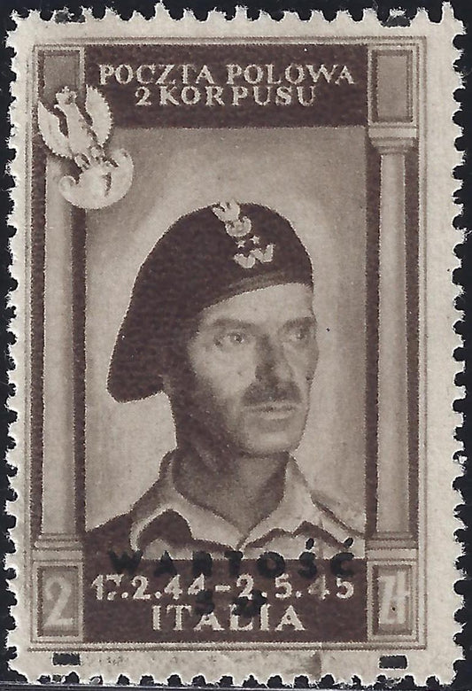 BA22-28 - 1946 - Polish Corps, Polish victories in Italy 5z on 2z black on greyish, thick and poor quality paper, new, not gummed, with overprint strongly shifted to the bottom (2nd)