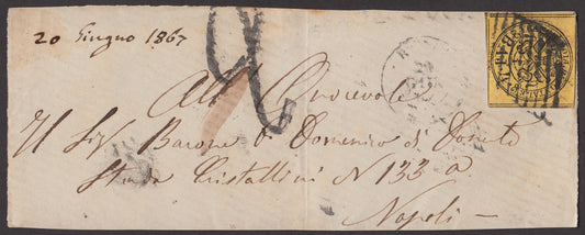 BA23-146 1867 - Frontispicio de carta enviada de Roma a Nápoles el 20/6/67 franqueada con 4 baj amarillos (5A).
