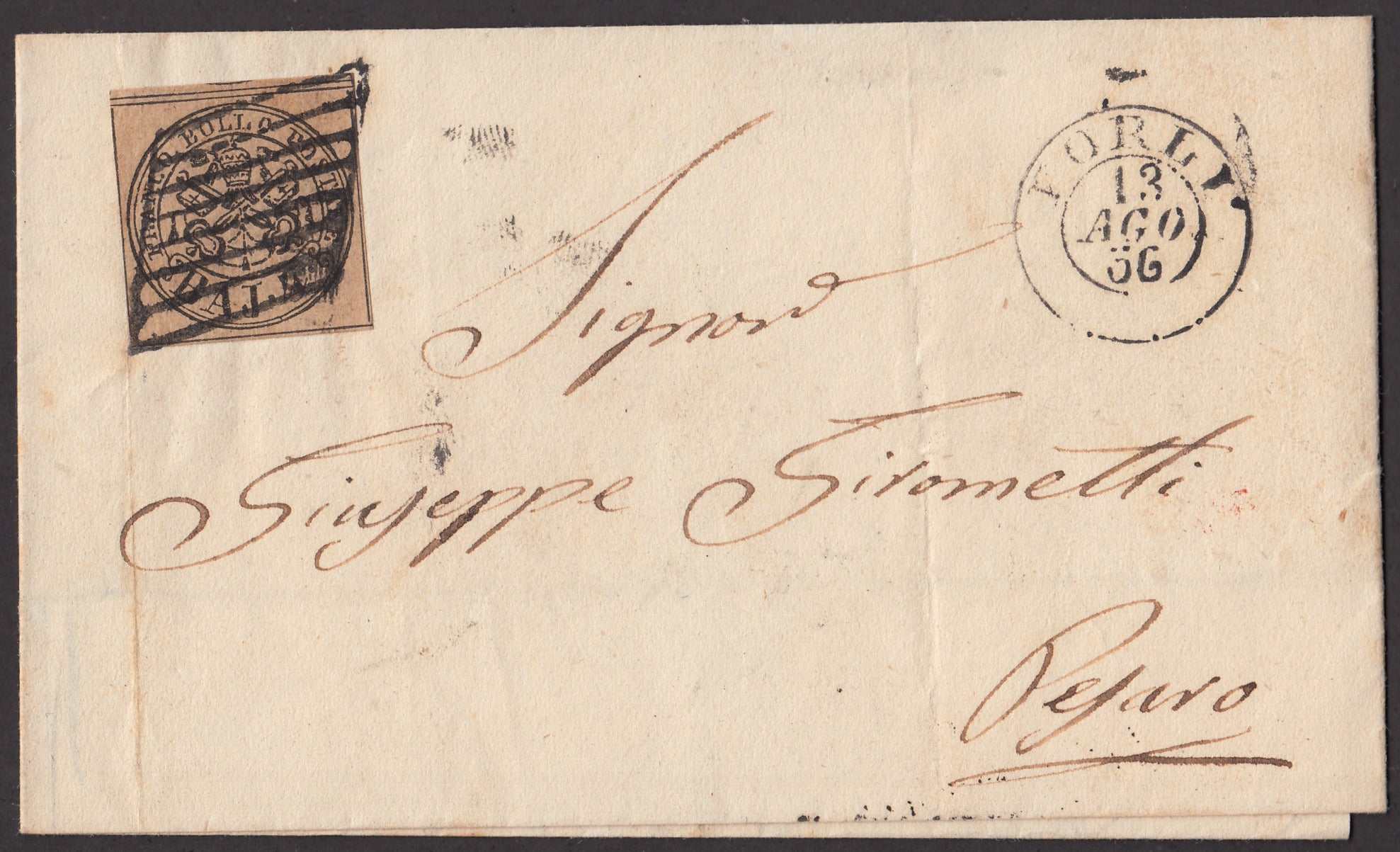 BA23-152 1856 - Letter sent from Forlì to Pesaro 13/8/56 franked with 4 light brown baj (5).