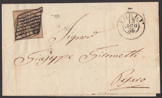 BA23-152 - 1856 - Lettera spedita da Forlì per Pesaro 13/8/56 affrancata con 4 baj bruno grigio chiaro (5).