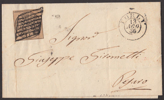BA23-152 1856 - Lettera spedita da Forlì per Pesaro 13/8/56 affrancata con 4 baj bruno grigio chiaro (5).