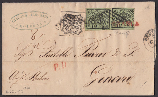 BA23-159 1857 - Letter sent from Bologna to Genoa 5/6/57 franked with 2 yellowish green baj two copies + 8 white baj (3rd + 9)