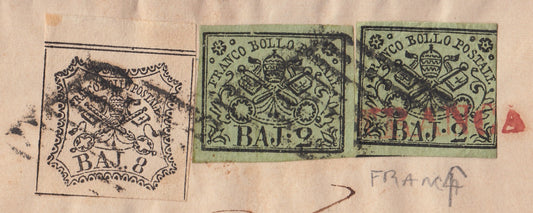 BA23-159 1857 - Carta enviada desde Bolonia a Génova el 6/5/57 franqueada con 2 baj verde amarillento dos ejemplares + 8 baj blancos (3º + 9)