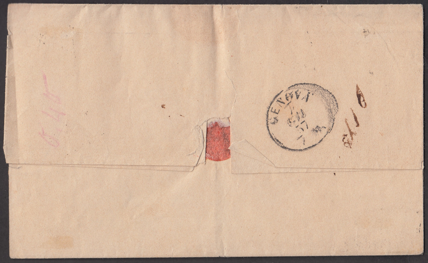 BA23-159 1857 - Lettera spedita da Bologna per Genova 5/6/57 affrancata con 2 baj verde giallastro due esemplari + 8 baj bianco (3a + 9)