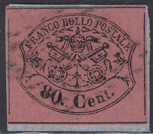 BA23-16 - 1867 - Stato Pontificio II emissione c. 80 rosa lillaceo vivo usato su piccolo frammento (20a).