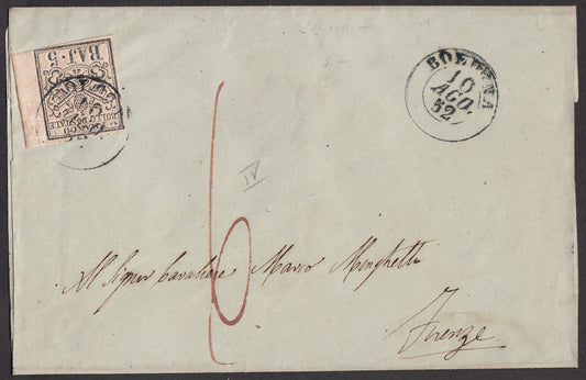 BA23-170 1852 - Letter sent from Rome to Florence franked with 5 light pink baj (6).