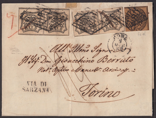 BA23-176 1858 - Carta enviada de Roma a Turín el 3/8/58 franqueada con 3 baj marrón grisáceo claro + 8 baj blancos dos pares (4a + 9)