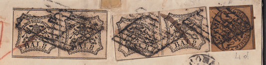 BA23-176 1858 - Carta enviada de Roma a Turín el 3/8/58 franqueada con 3 baj marrón grisáceo claro + 8 baj blancos dos pares (4a + 9)