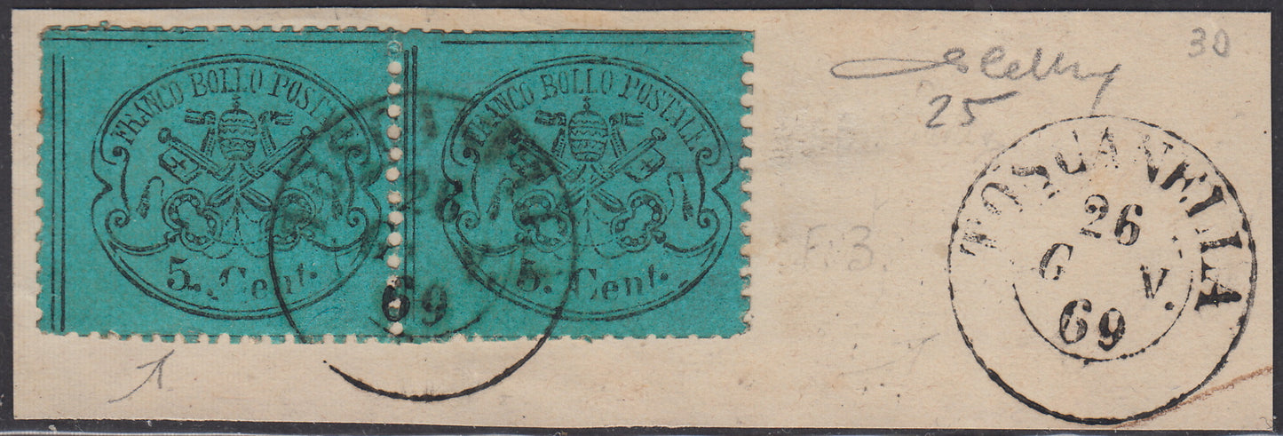 BA23-19 - 1868 - Stato Pontificio III emissione c. 5 azzurro chiaro coppia orizzontale su frammento usato Toscanella 26/1/69 (25)