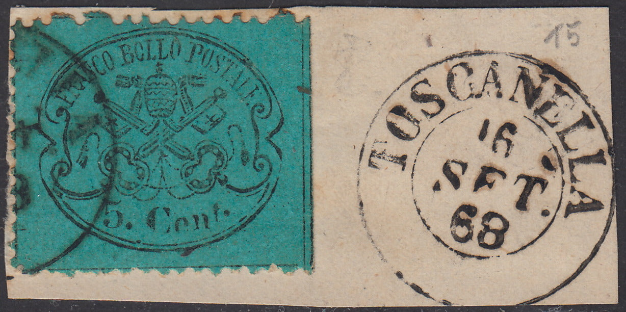 BA23-20 - 1868  - Stato Pontificio III emissione, c. 5 azzurro chiaro usato su frammento con annullo di Toscanella (25)