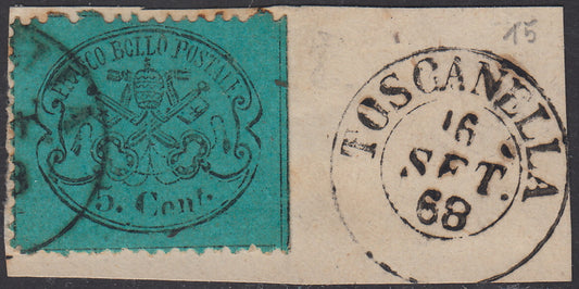 BA23-20 - 1868 - Papal States III issue, c. 5 light blue used on fragment with Toscanella cancellation (25)