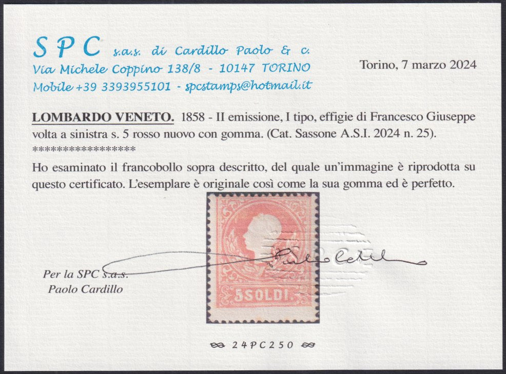 BA23-24 - 1858 - Lombardo Veneto II emissione, s. 5 rosso I tipo nuovo con gomma originale (25)