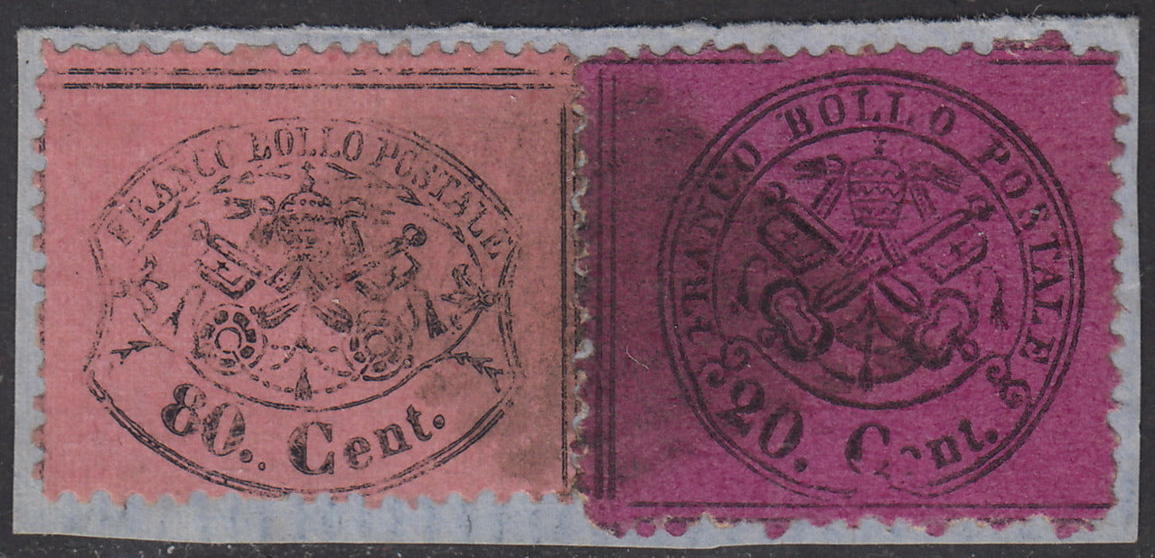 BA23-25 - 1868 - Stato Pontiicio, III emissione c. 20 violetto rosso + c. 80 rosa lillaceo usati su frammento (28h + 30b).