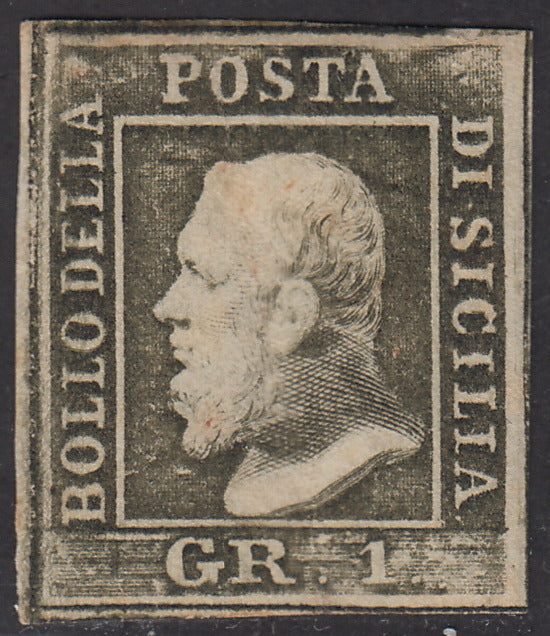 1859 - 1 grano verde oliva grigiastro II tavola carta di Palermo nuovo con gomma originale (4)