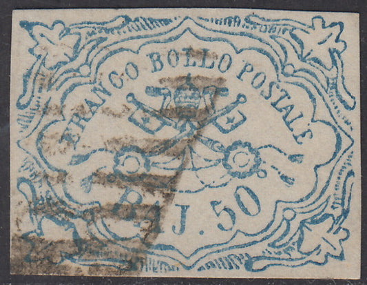 1852  - Stato Pontificio I emissione 50 baj azzurro usato (10)