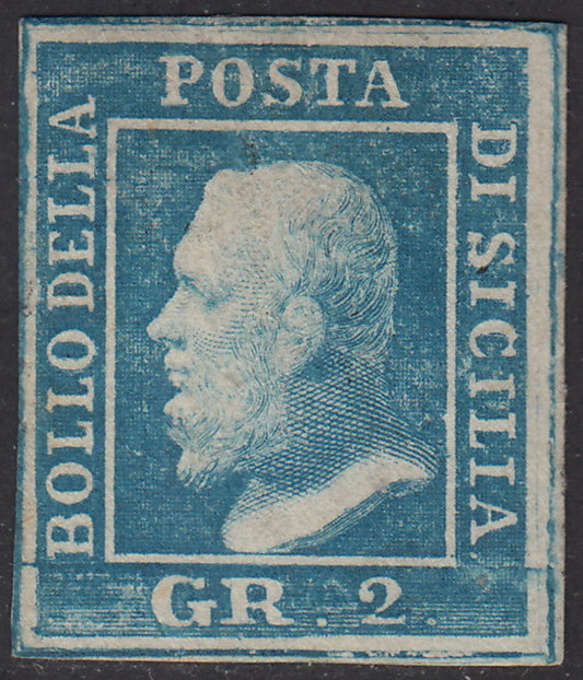 1859 - 2 grana azzurro III tavola carta di Palermo nuovo con gomma originale (8d)