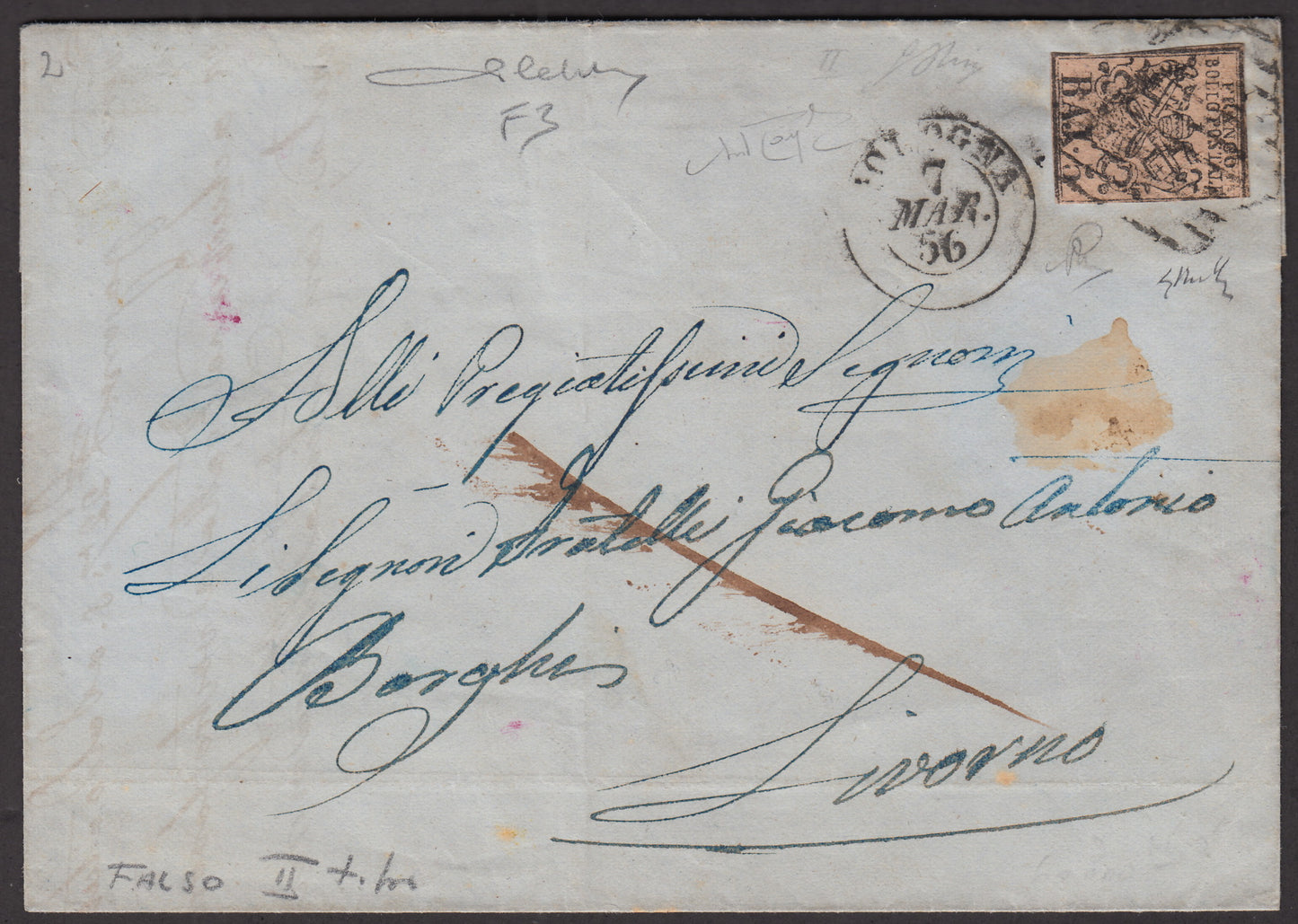 BA23-57 1856 - Lettera spedita da Bologna per Livorno 7/3/56 affrancata con 5 baj rosa falso per servire del II tipo. (F3).