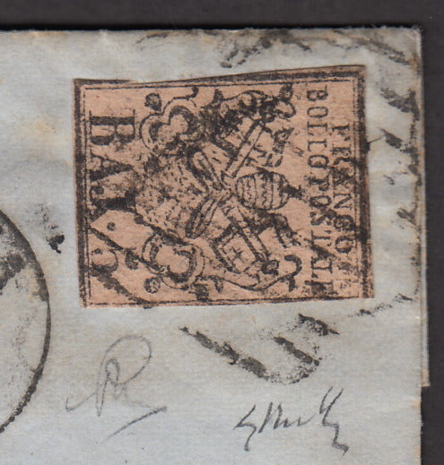 BA23-57 1856 - Carta enviada desde Bolonia a Livorno el 3/7/56 franqueada con 5 baj rosas falsos para servir del segundo tipo. (F3).