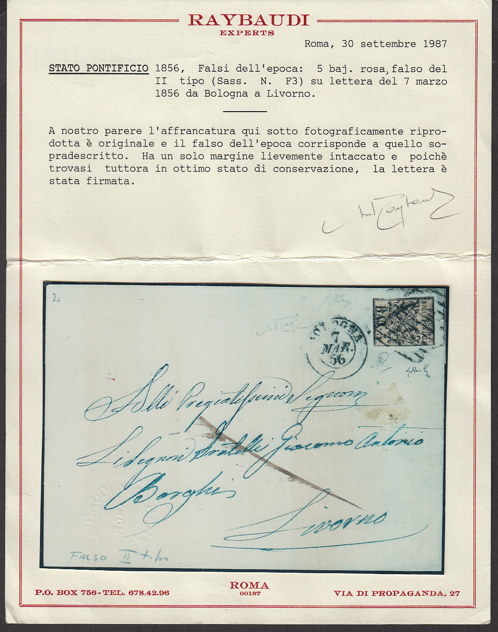 BA23-57 1856 - Lettera spedita da Bologna per Livorno 7/3/56 affrancata con 5 baj rosa falso per servire del II tipo. (F3).