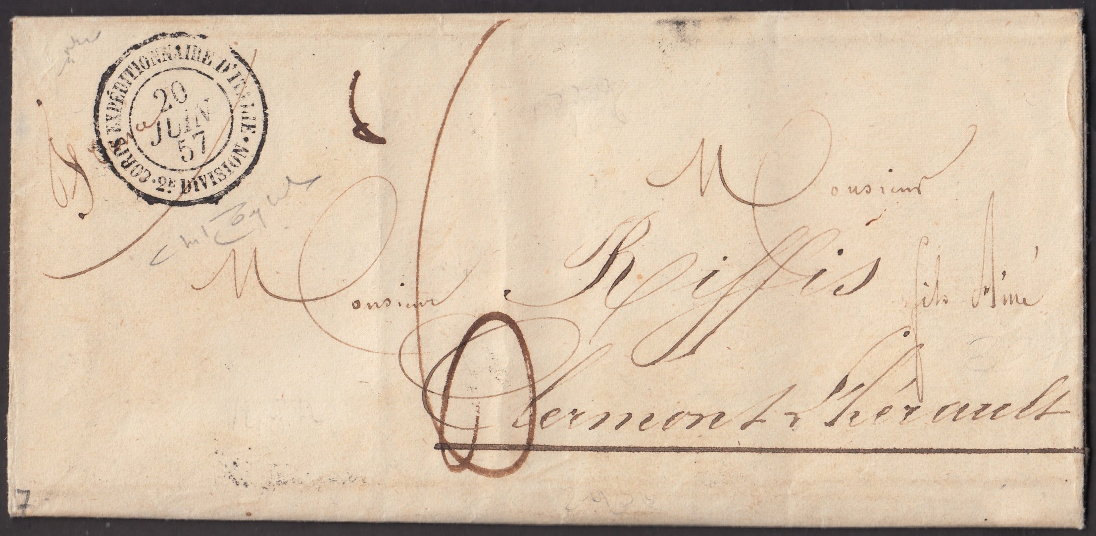 BA23-67 - 1857 - Lettera in Porto Assegnato da c. 60 spedita il 20/6/57 da Roma per Clermont Therault (Francia).