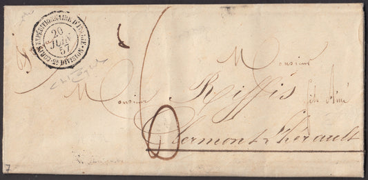 BA23-67 1857 - Lettera in Porto Assegnato da c. 60 spedita il 20/6/57 da Roma per Clermont Therault (Francia).