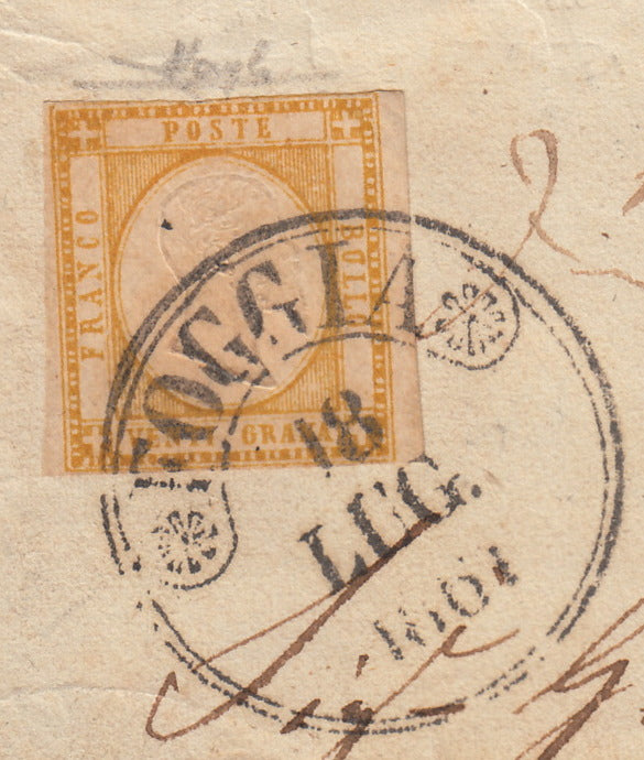 BA23_83 - 1861 - Carta enviada desde Foggia a Nápoles el 18/7/61 franqueada c. 20 granos amarillos aislados, ¡raros! (23a).