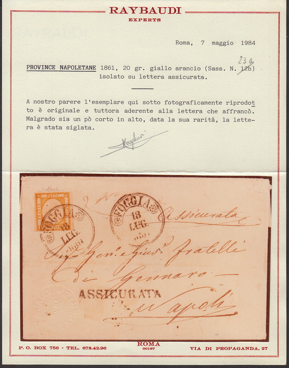 BA23_83 - 1861 - Letter sent from Foggia to Naples 18/7/61 franked c. 20 grit yellow isolated, rare! (23a).