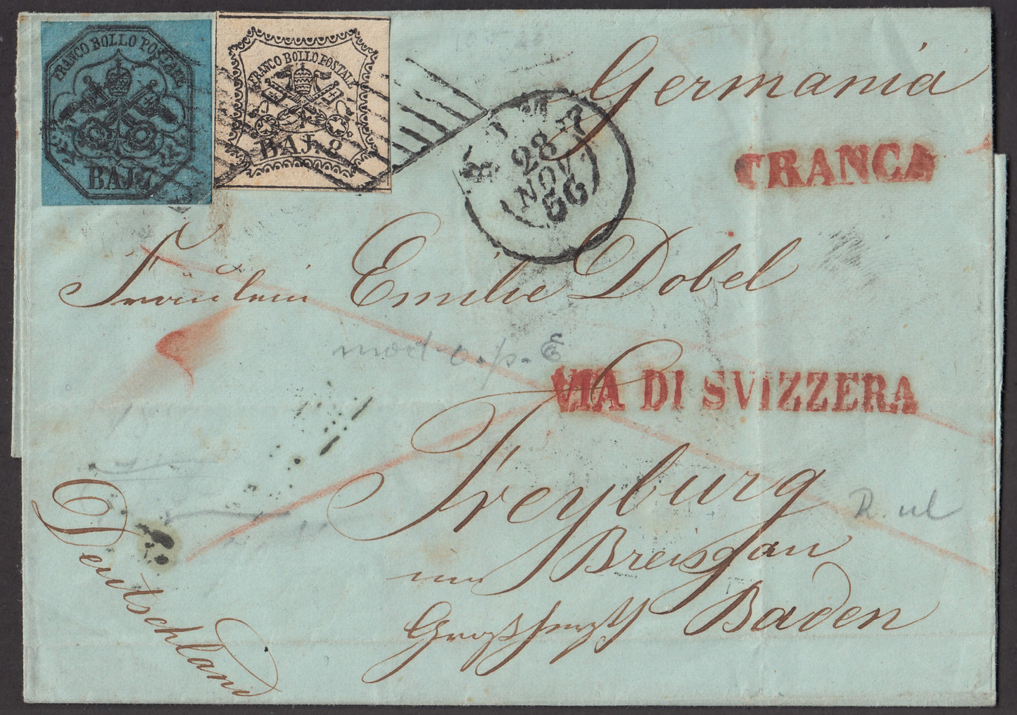 BA23-86 1856 - Lettera spedita da Roma per il Baden per la via di Svizzera affrancata con 7 baj azzurro inchostro grigio-oleoso + 8 baj bianco (8 + 9)