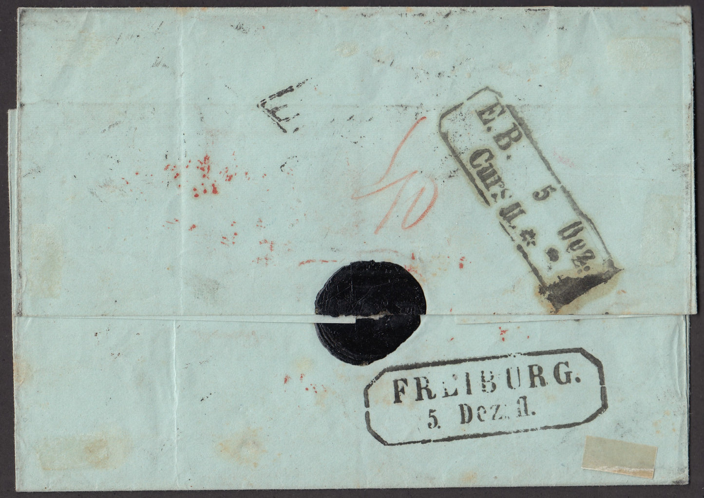 BA23-86 1856 - Lettera spedita da Roma per il Baden per la via di Svizzera affrancata con 7 baj azzurro inchostro grigio-oleoso + 8 baj bianco (8 + 9)