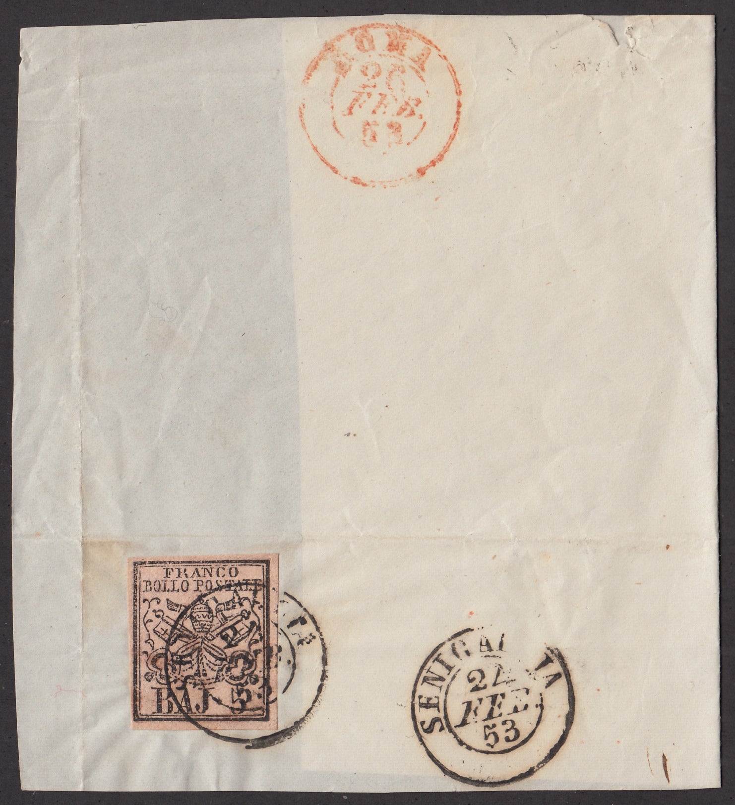 BA23_88 - 1852 - Stato Pontificio I emissione 5 baj rosa chiaro su grande frammento con anullo di Senigallia (6)