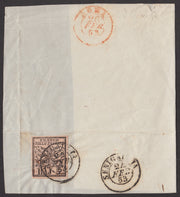 BA23_88 - 1852 - Stato Pontificio I emissione 5 baj rosa chiaro su grande frammento con anullo di Senigallia (6)