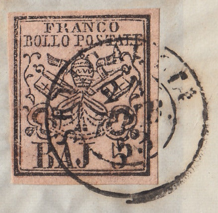 BA23_88 - 1852 - Stato Pontificio I emissione 5 baj rosa chiaro su grande frammento con anullo di Senigallia (6)