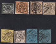 BA25_162 - Stato Pontificio I emissione, insieme di otto esemplari rappresentanti 5 valori facciali tutti usati con annulli originali e di bella qualità.