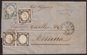 BA25_274 - Lettera spedita da Napoli a Messina 24/9/62 affrancata con gr.2 azzurro chiaro + gr.1 nero intenso tre esemplari (19c+20)