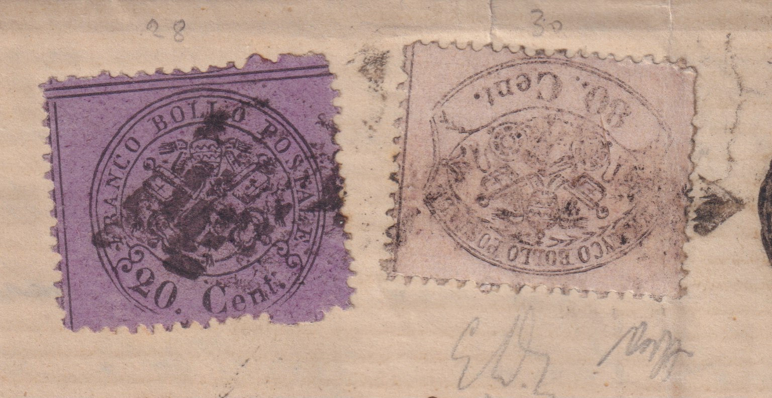 BO25_289 - 1868 - Lettera da Roma per Torino con c.80 rosa smorto + c.20 violetto, tariffa di cinque porti a destino (28a + 30c)