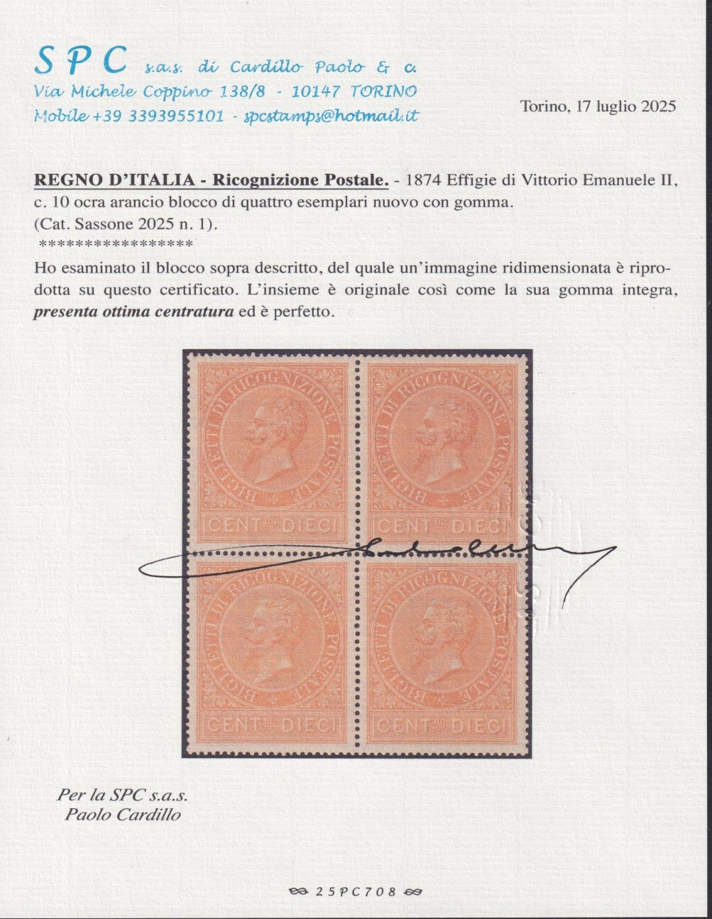 BA25_340 - 1874 - Francobollo di Ricognizione Postale, c. 10 ocra arancio blocco di 4 esemplari nuovo gomma integra (1)