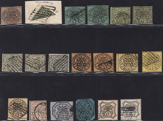 BA25_349 - 1852 - I emissione insieme di valori del periodo anche ripetuti in qualità mista, in genere buona, comprendente tutti i tagli esclusi gli alti valori (1/9).
