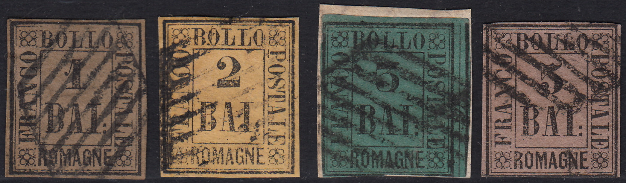 BA25_359 - 1859 - 1 baj bruno grigio, 2 baj giallo arancio, 3 baj verde scuro, 5 baj violetto usati con annulli originali (2, 3, 4, 6)