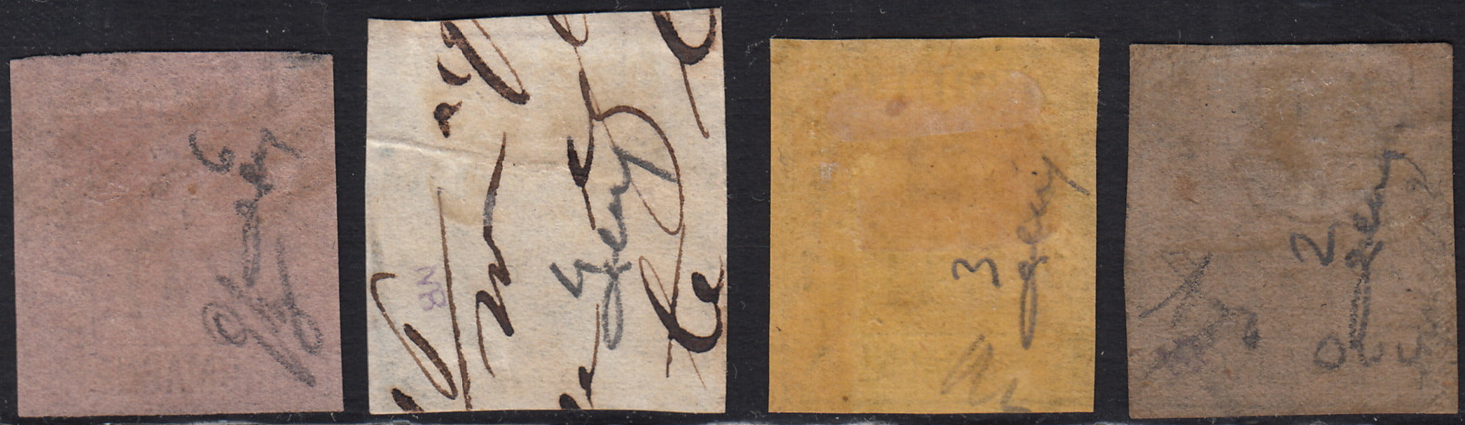 BA25_359 - 1859 - 1 baj bruno grigio, 2 baj giallo arancio, 3 baj verde scuro, 5 baj violetto usati con annulli originali (2, 3, 4, 6)