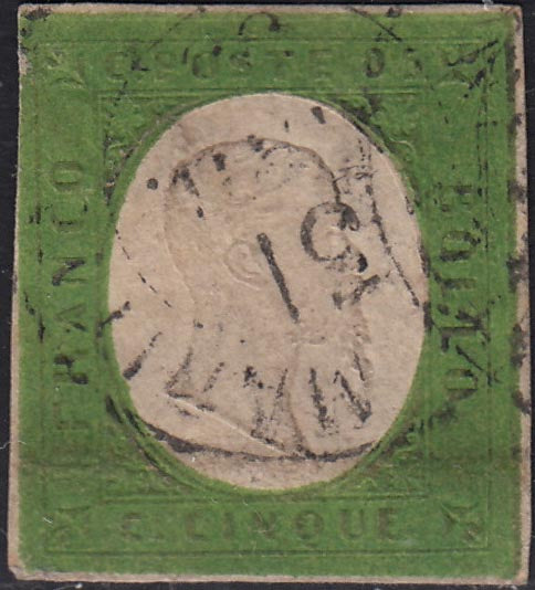 BA25_365_1 - 1854 - III emissione c. 5 verde azzurro usato (7a)